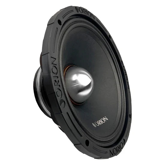 Black 10-inch midrange speaker driver angled view with silver dust cap