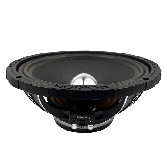 Black 10-inch midrange speaker driver underside with mounting details and terminals