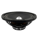 Black 10-inch midrange speaker driver underside with mounting details and terminals
