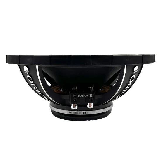Black 10-inch midrange speaker driver rear view with terminal pair