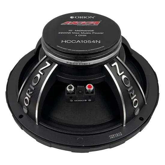Black 10-inch midrange speaker with branding on back and dual red/black terminals