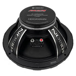 Black 10-inch midrange speaker with branding on back and dual red/black terminals