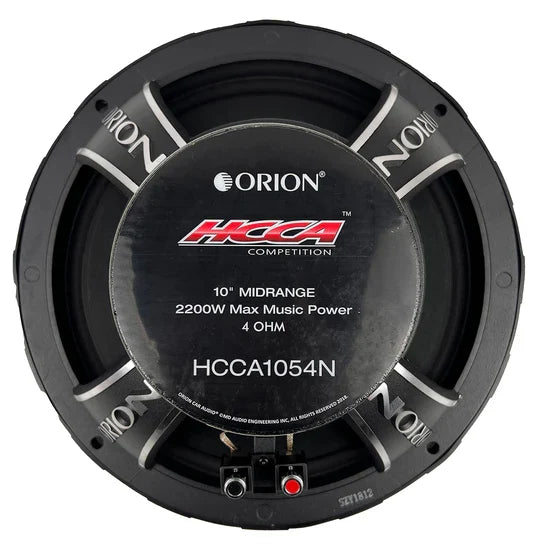 Black 10-inch midrange speaker front with ORION branding and silver dust cap