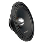 10-inch midrange speaker side view, black frame and silver center dome