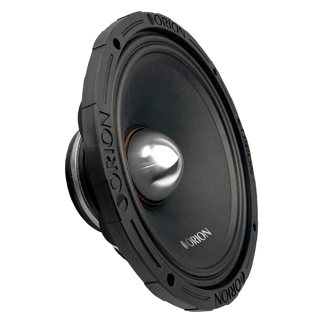10-inch midrange speaker side view, black frame and silver center dome