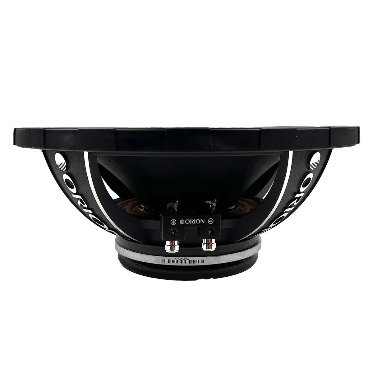 10-inch midrange speaker rear view with black frame and wiring terminals