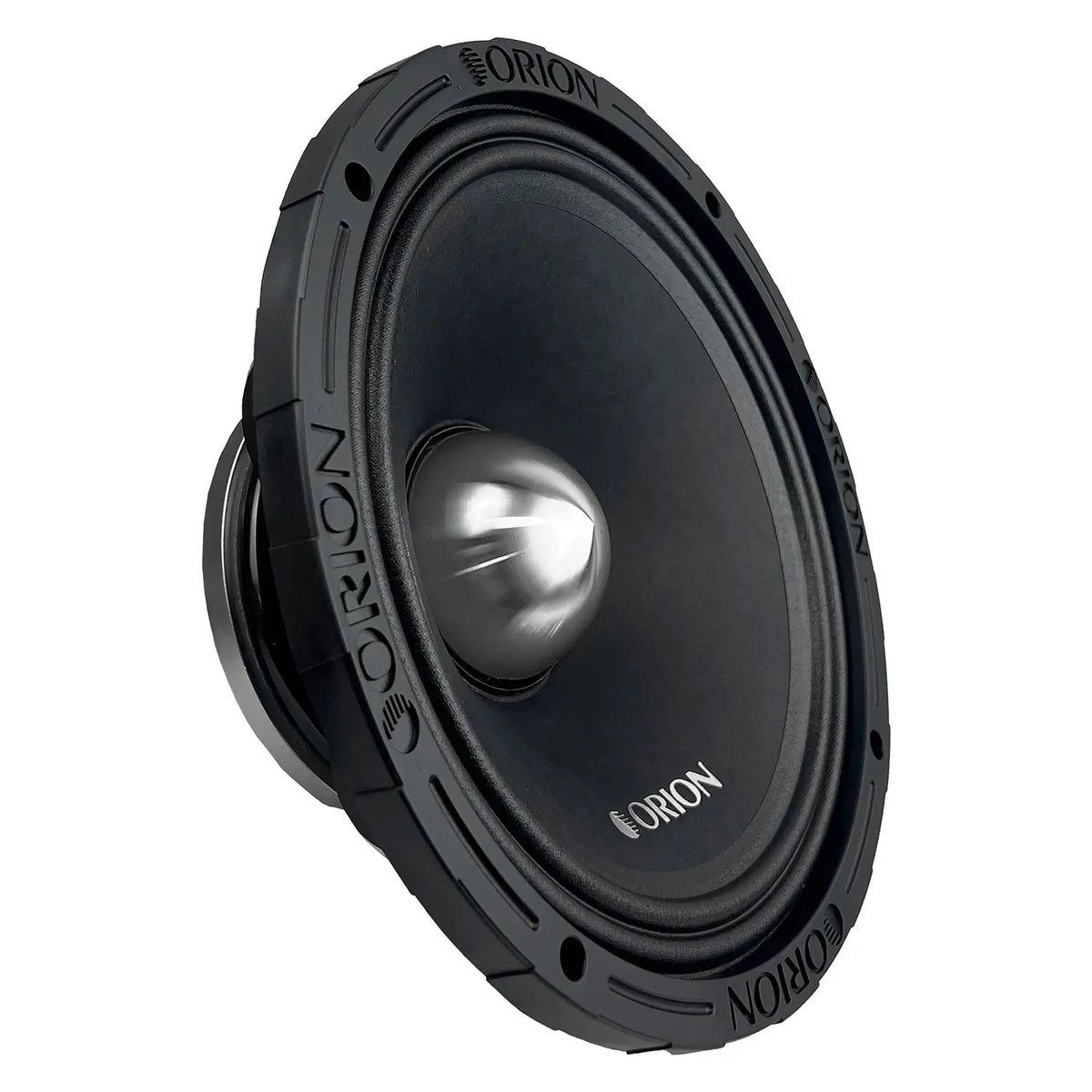 10 in midrange speaker driver angled view with black frame and silver dust cap