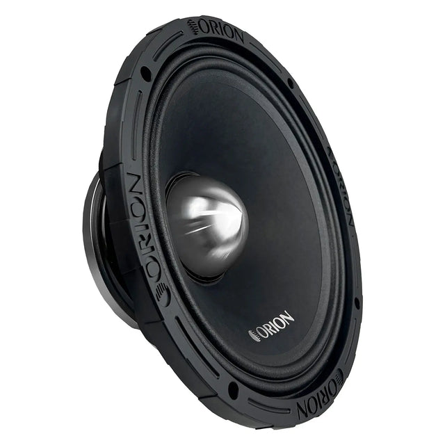 10 in midrange speaker driver angled view with black frame and silver dust cap