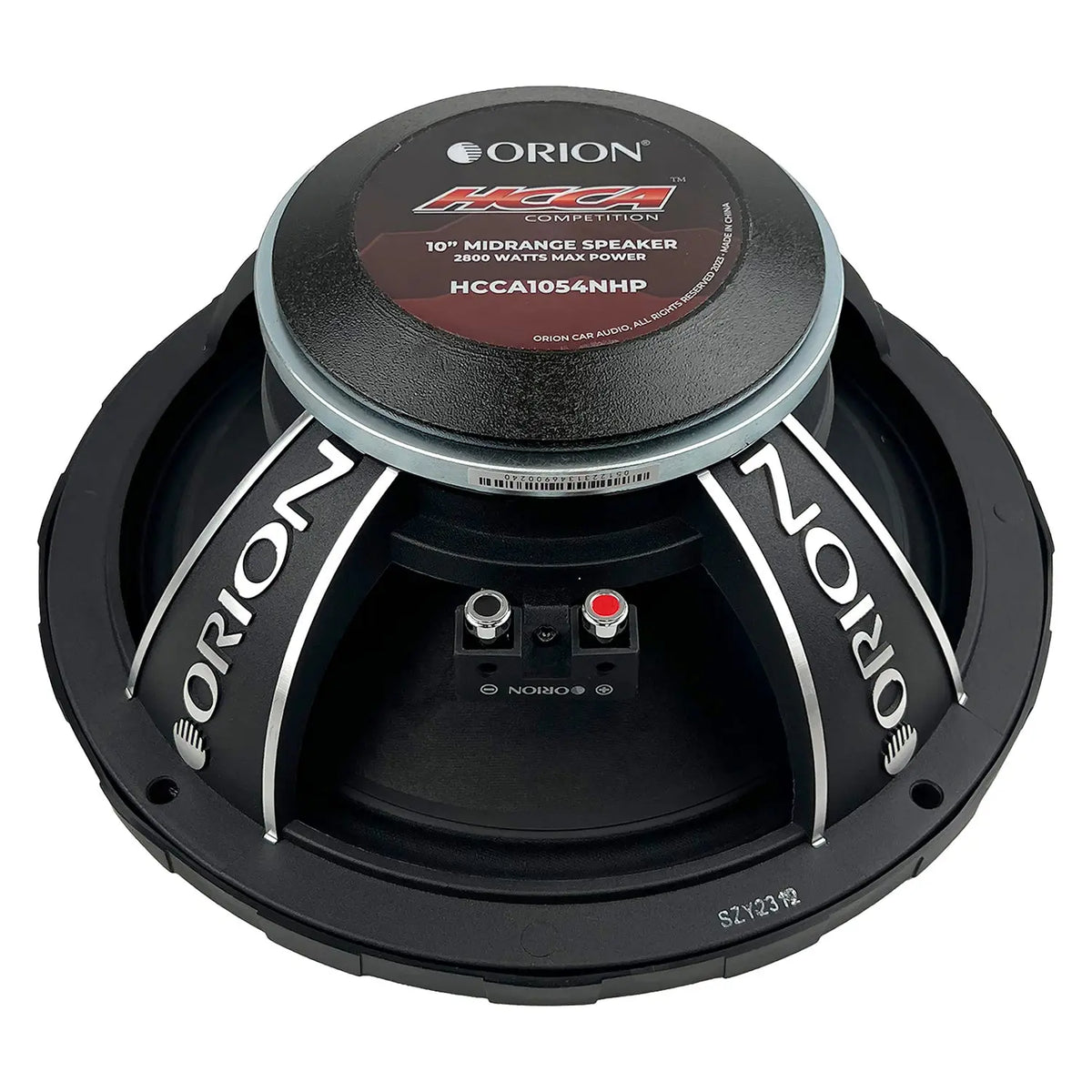10 in midrange speaker driver front with label and dual terminal connectors