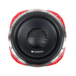 12-inch Orion car subwoofer with black cone and red mounting frame