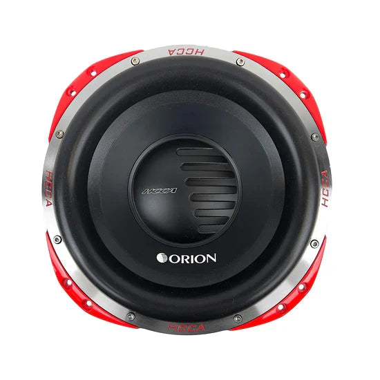 Orion 12" subwoofer speaker with black cone and red mounting ring