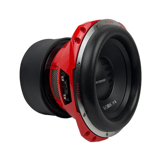 Orion 12-inch subwoofer side profile with black surround and red frame