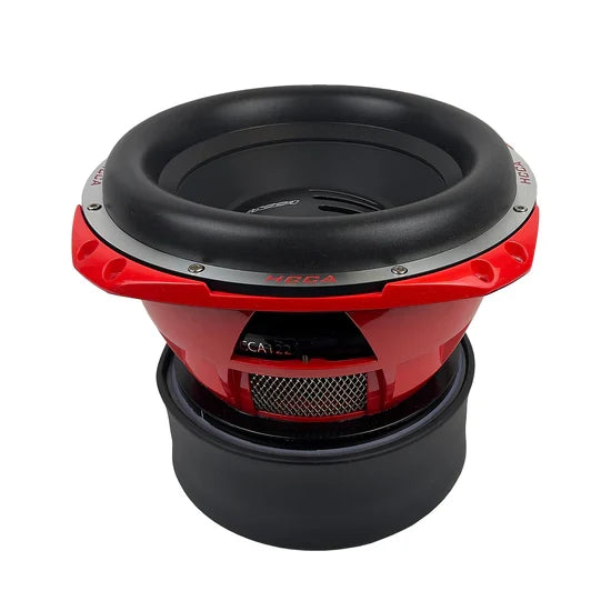Orion 12" subwoofer from above with black surround and red frame