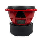 Orion 12-inch subwoofer front view with red grille and black mounting base