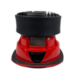 Orion 12-inch subwoofer angled view showing red housing, black grille and vented top