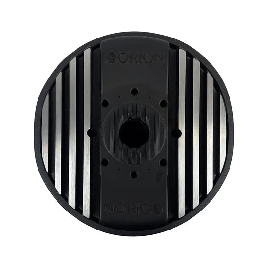 Orion 12-inch subwoofer back plate with black vented heatsink and central terminal