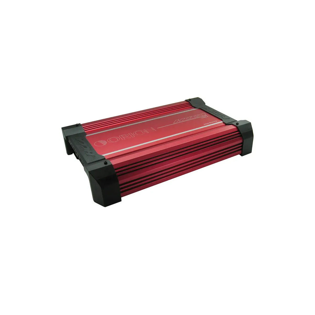 4-channel Class-AB car amplifier with red finned heatsink and black end caps