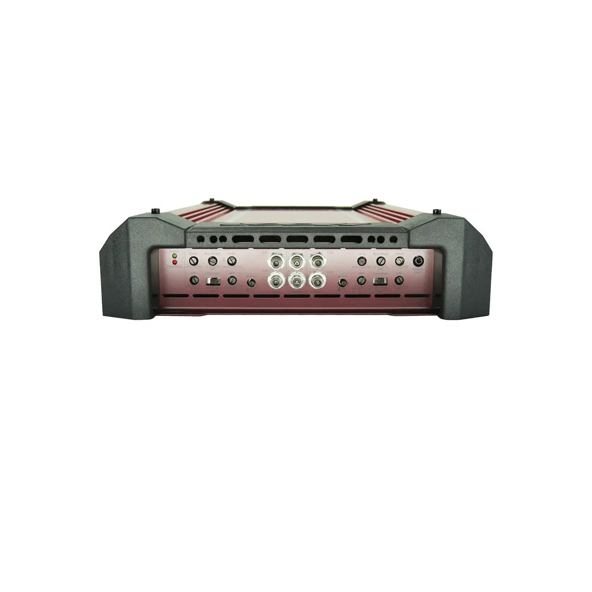 4-channel Class-AB amplifier rear panel with multiple ports, knobs, and vents