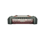 4-channel Class-AB amplifier rear panel with multiple ports, knobs, and vents