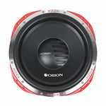 15-inch car subwoofer with black cone and red outer surround, front grille and center logo