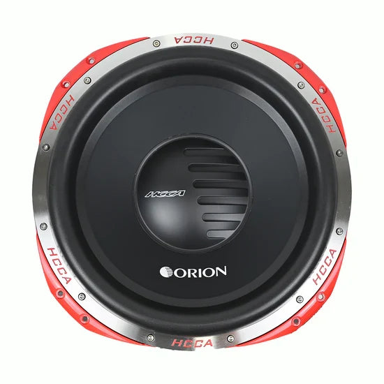 15-inch Orion car subwoofer with black cone and red trim, front view