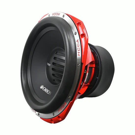 15-inch car subwoofer angled view, black surround with red edge ring and badge