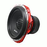 15-inch car subwoofer angled view, black surround with red edge ring and badge