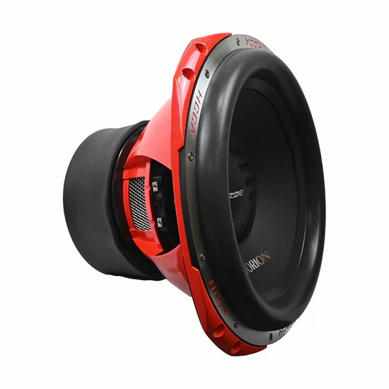 15-inch car subwoofer side view, red back plate and black cone with venting