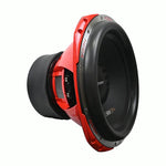 15-inch car subwoofer side view, red back plate and black cone with venting