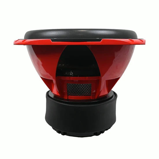 15-inch car subwoofer top view, red housing with black base and grille