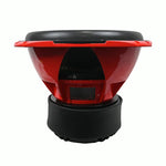 15-inch car subwoofer top view, red housing with black base and grille