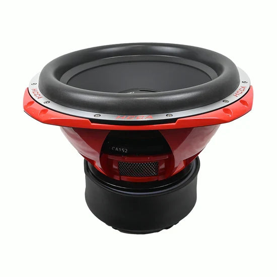 15-inch subwoofer rear view with red housing and black surround ring; grille opening shown