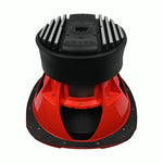 15-inch subwoofer rear basket with red body, black magnet heatsink, and mesh grille