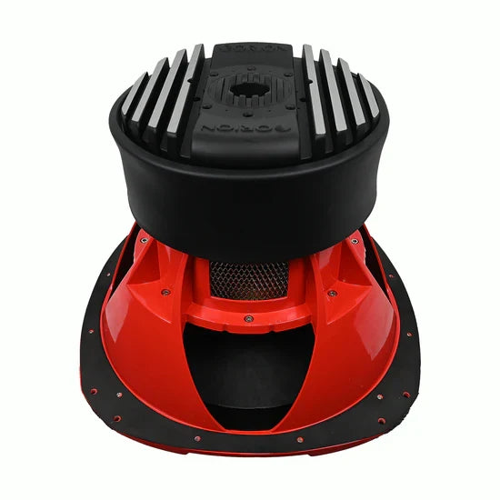 15-inch subwoofer rear view, red basket, black heat sink and mesh grille