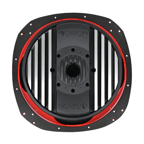 15-inch subwoofer back grille with red rim, black metal panel, and circular mounting holes