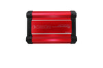 Car audio power amplifier, front view with red metal face and black end caps