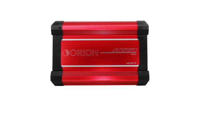 Car audio power amplifier, front view with red metal face and black end caps