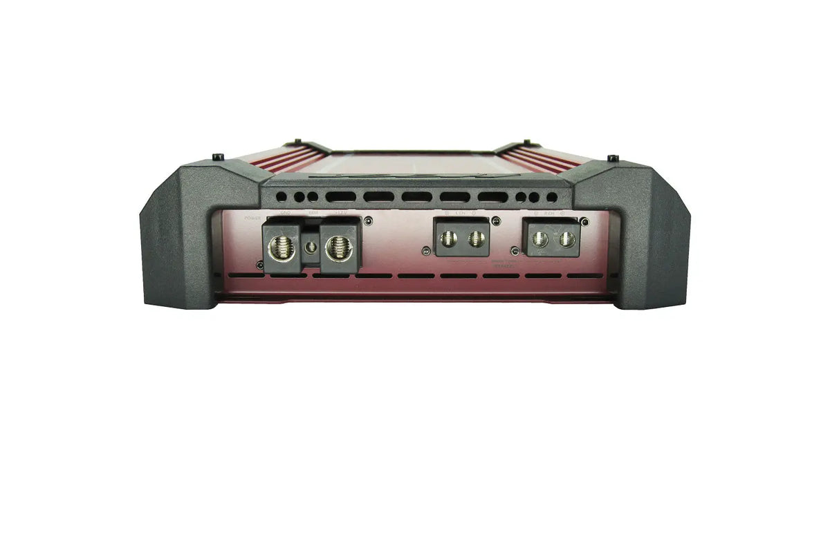 Car audio amplifier rear panel with speaker and power terminals, red interior