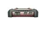 Car audio amplifier rear panel with speaker and power terminals, red interior