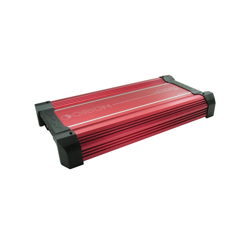 Orion HCCA2000.4 car amplifier, red heatsink with black end caps and logo