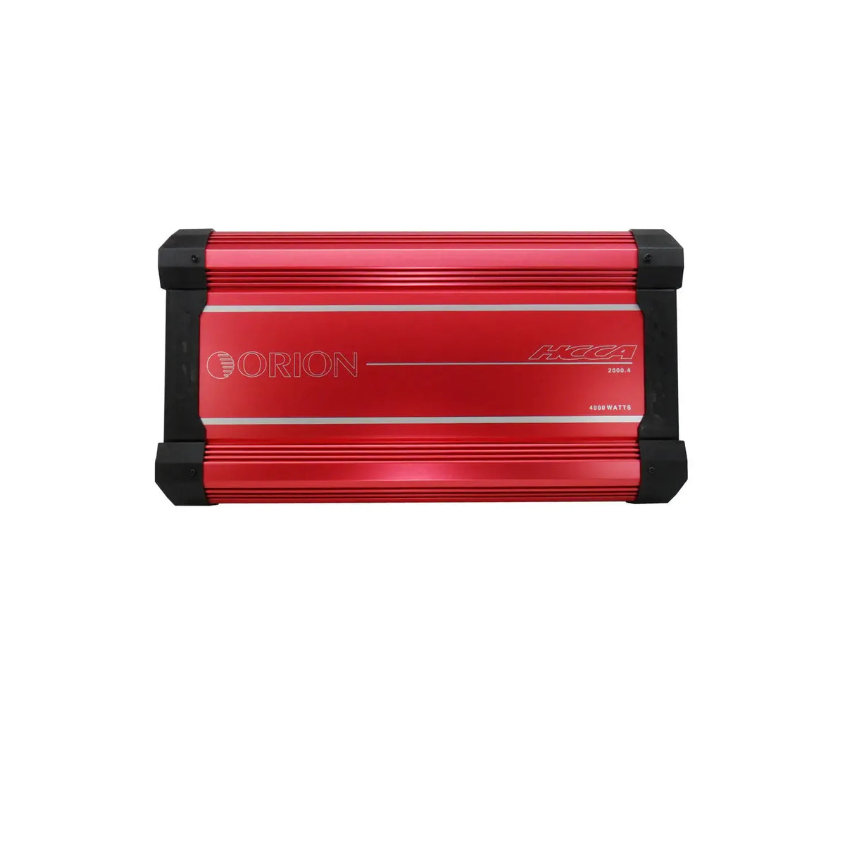 Orion HCCA2000.4 car amplifier, red front panel with black sides and Orion branding