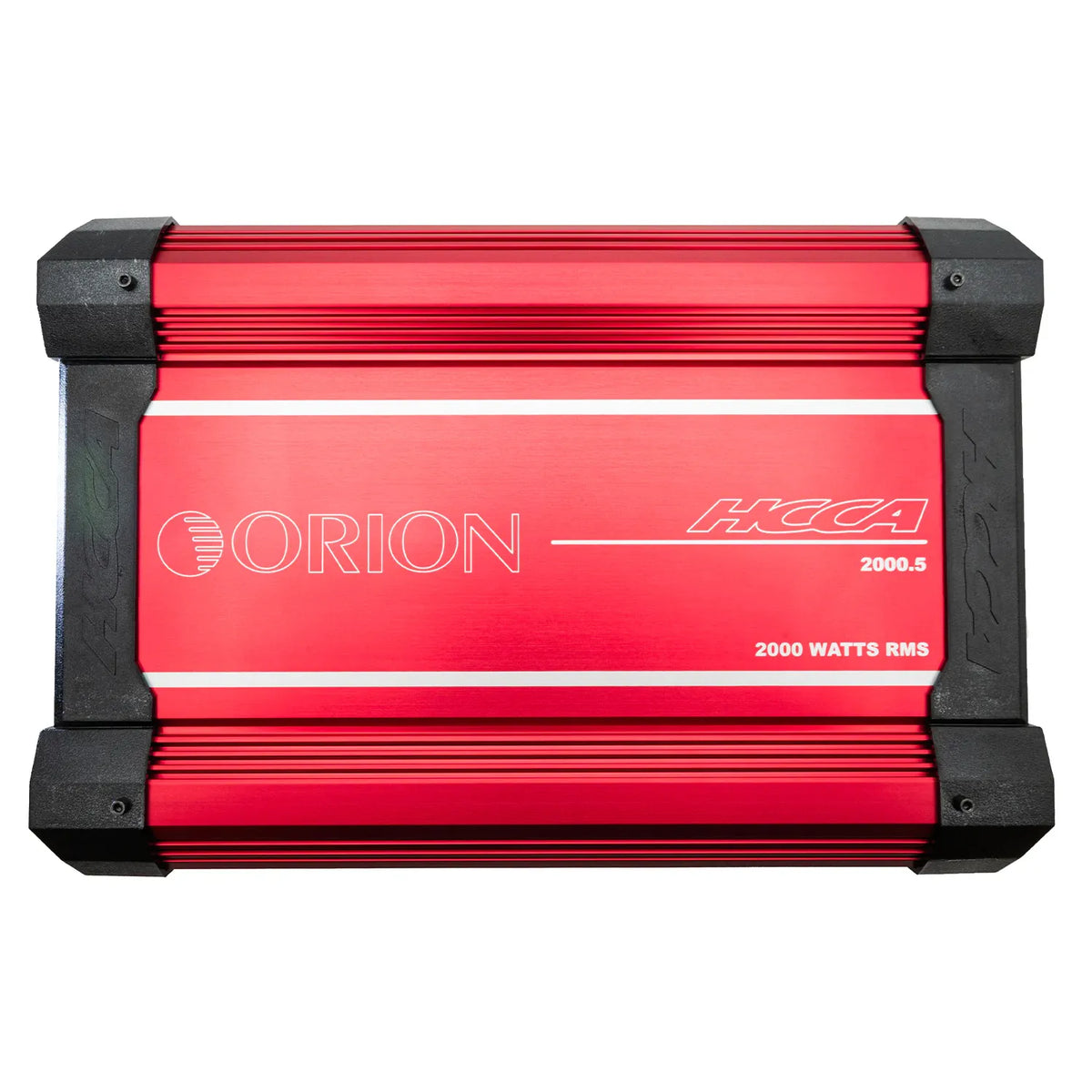 Front view of red Orion HCCA 2000.5 car amplifier with 2000 watts RMS label