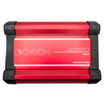 Front view of red Orion HCCA 2000.5 car amplifier with 2000 watts RMS label
