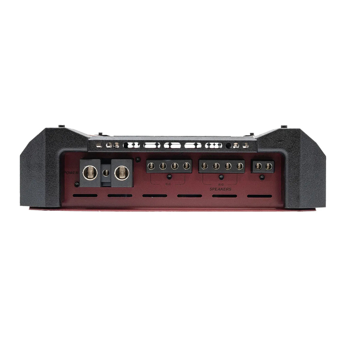 Black car amplifier rear with speaker terminals, inputs, and connection ports