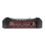 Car audio amplifier rear panel in black with RCA ports and control knobs
