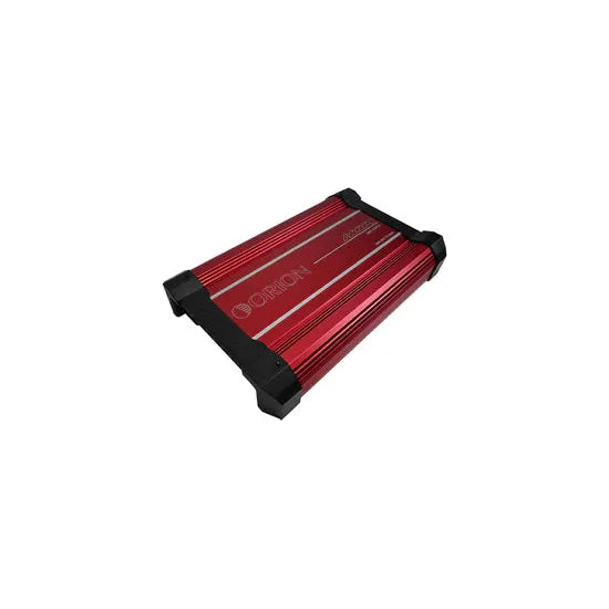 Orion red and black monoblock amplifier with finned heatsink and black end caps