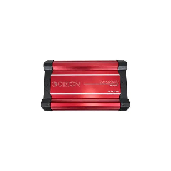 Red Orion monoblock amplifier front face with logo and black end brackets