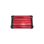 Red Orion monoblock amplifier front face with logo and black end brackets