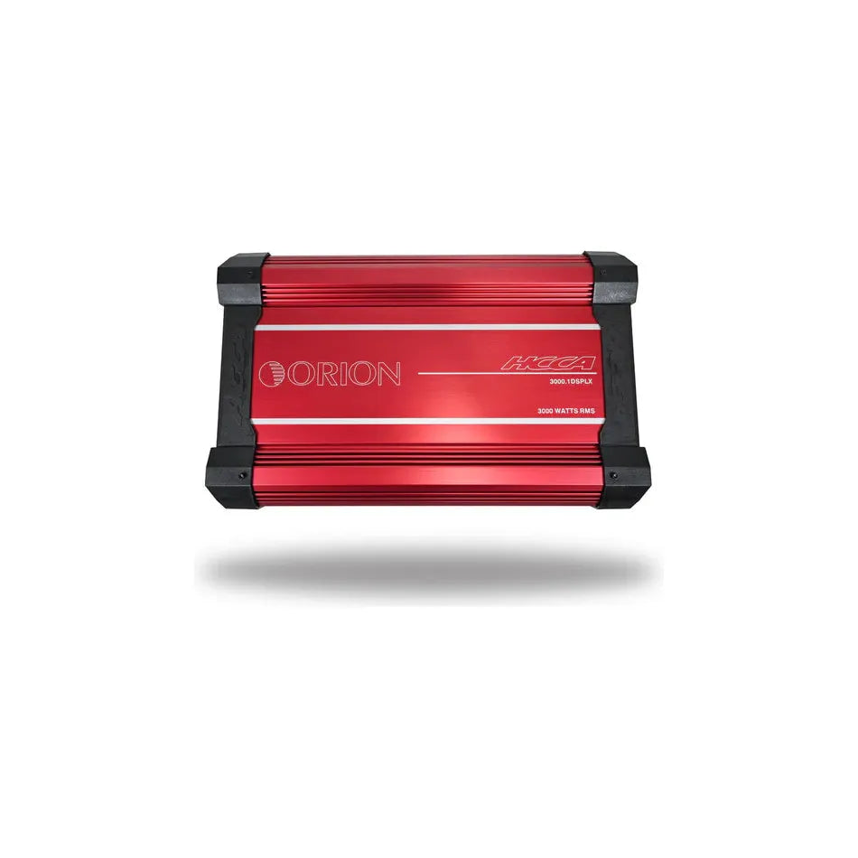 Orion red monoblock amplifier front view with logo strip and black end brackets