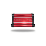 Orion red monoblock amplifier front view with logo strip and black end brackets